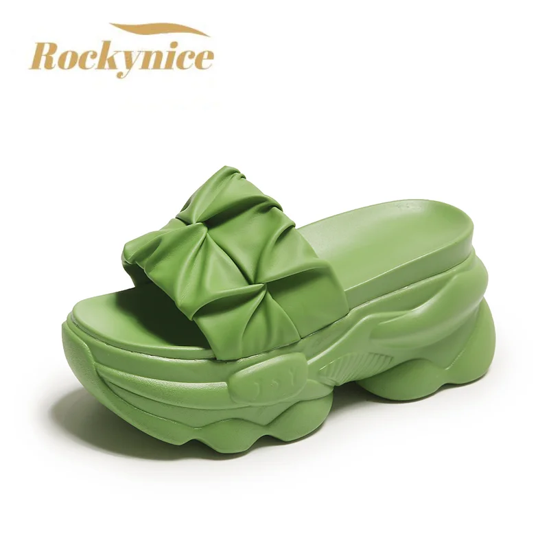 

7.5CM Heels Chunky Platform Slippers for Women Open Toe Leather Wedges Sandals Woman Summer 2023 Thick Bottom Female Flip Flops