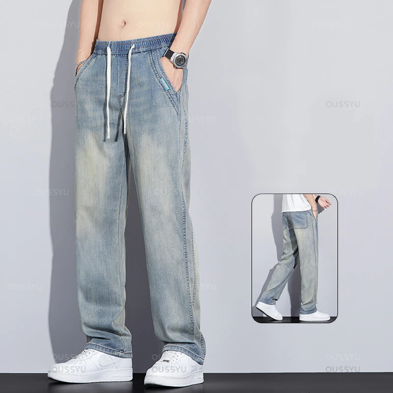 Jeans retrò da uomo in tessuto Lyocell sottile estivo di alta qualità Pantaloni in denim dritti Pantaloni casual in vita elastica Uomo Taglie forti 5XL