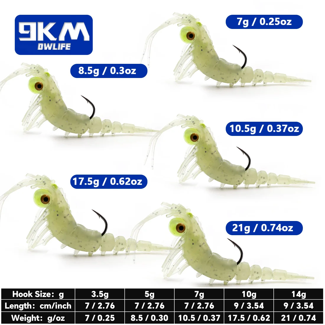 9KM Soft Shrimp Lures 7~8.5g Bass Lures Saltwater Shrimp Bait Swimbait for Slow Sinking Bass Trout Crappie Lure Sharp Hook 7~9cm