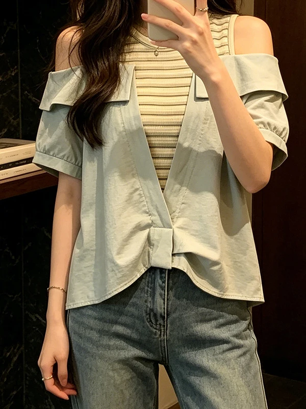 

Summer 2026 plus Size Women's Shirt Pasted Two-Piece Striped Shoulder-Baring Short-Sleeve Top Korean Style Commute Fashion