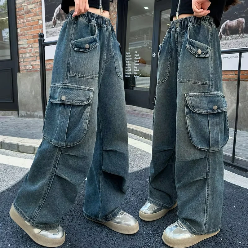 2026 Hot Sale Wide Leg Trousers Teenage Girls Jeans with Big Pocket Four Seasons High Waist Fashion Blue Cargo Denim Pants