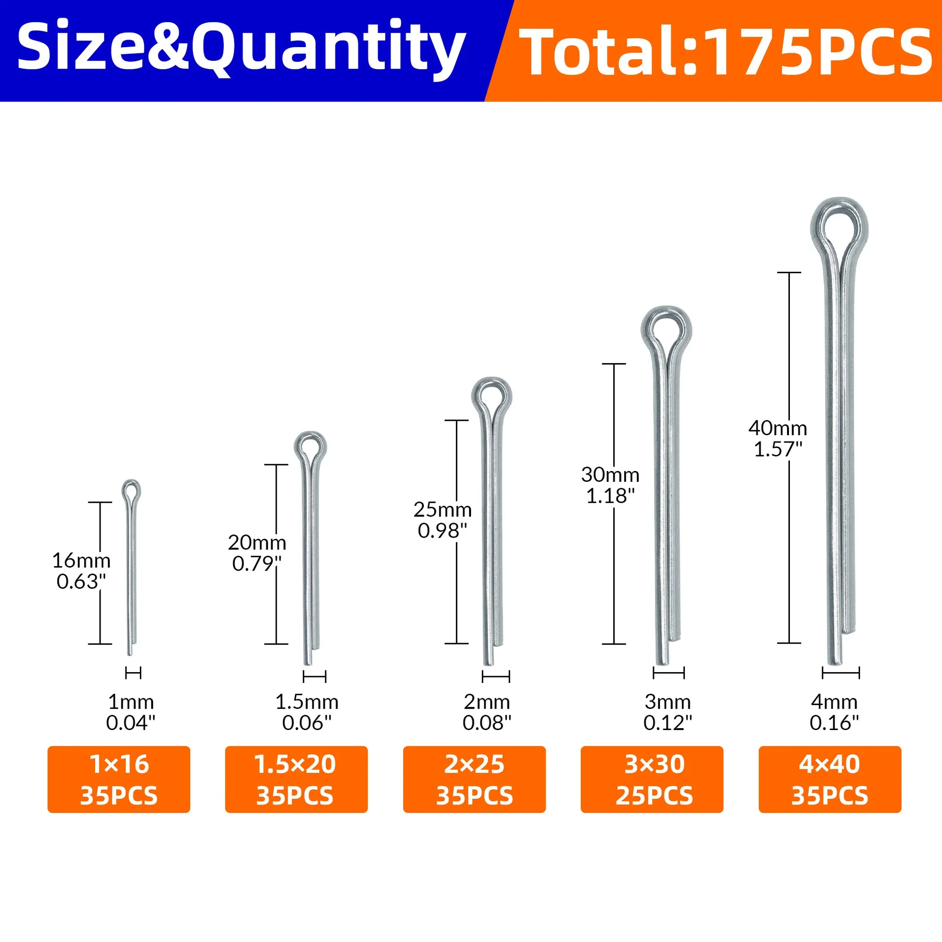 175pcs Stainless Steel Cotter Pin Kit Elastic Hairpin Pins Bayonet Pivot Pin Spring Pin U-Shaped Pin Separation Clip Fasteners