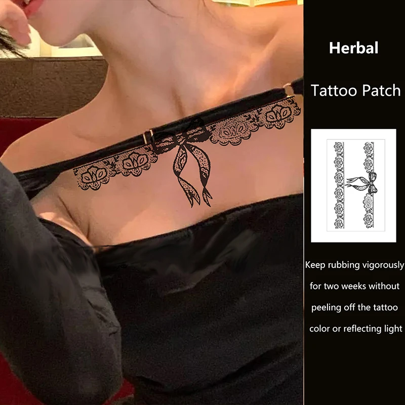 Lace Bow Herbal Juice Tattoo Stickers Half Arm Chest Waterproof Temporary Tattoos Fake Sexy Collarbone Hotwife
