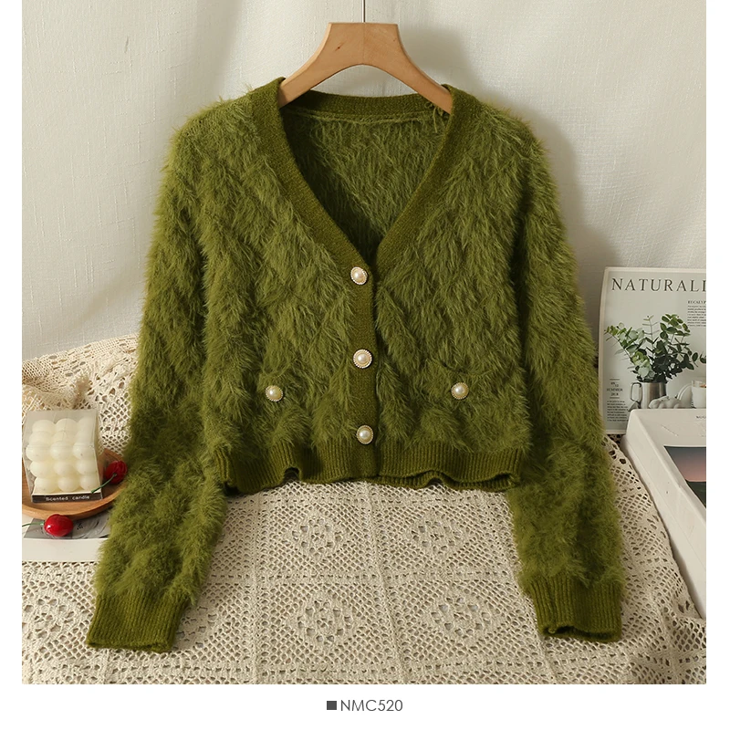 Women Mohair Cardigan Blue Soft Fuzzy Knit Sweater with Pearl Button Autumn Winter