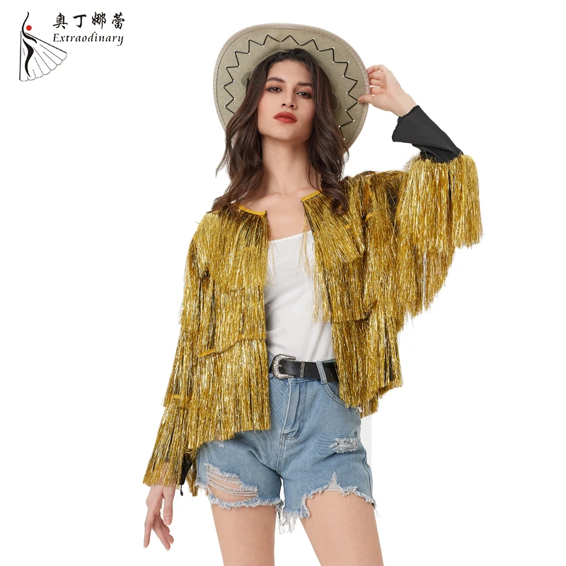 Tinsel jacket Women Coat Temperament Club Coat Long Sleeve Trendy Fashion Sequins Tassel  Jacket  festival open front  carnival