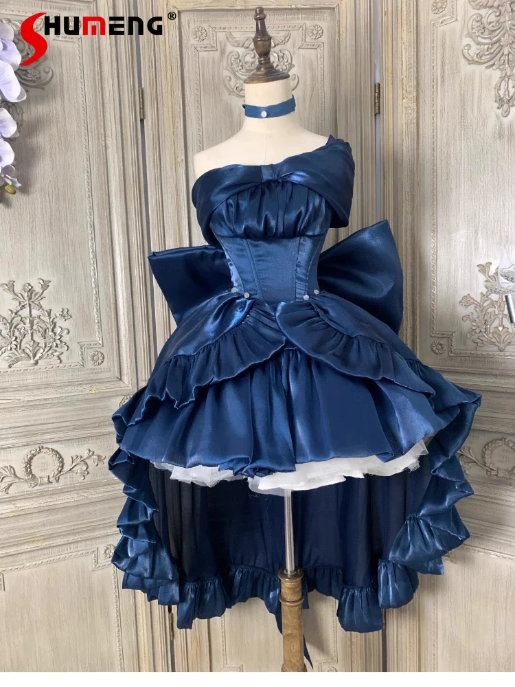 

Lolita Princess Blue Pettiskirt Dress Sleeveless High Waist Slim Fit Back Big Bow Long Trailing Strapless Short Dress Women 2024