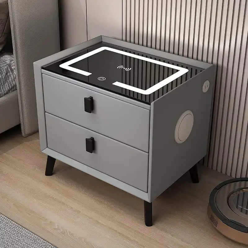 

Smart bedside table with Fingerprint Lock and Wireless Charging Station LED Lights USB Port Storage Cabinet for Bedroom