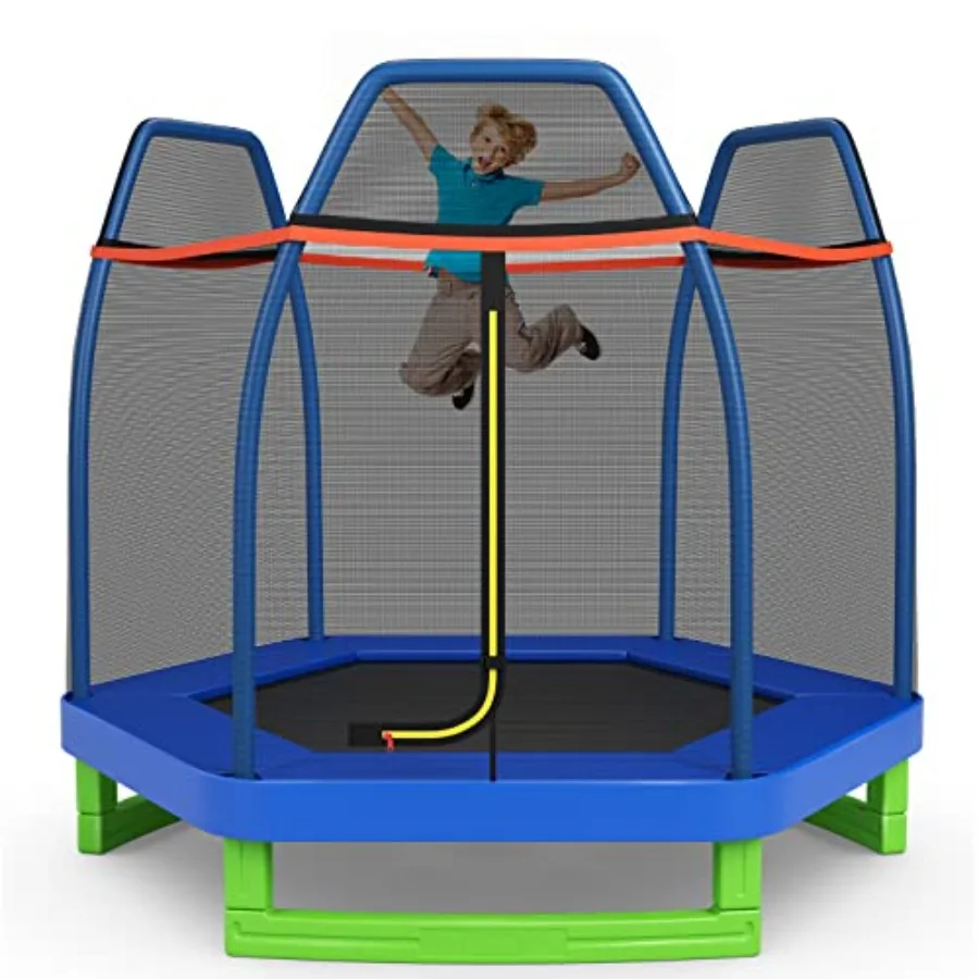

' 7FT trampoline for indoor/outdoor use, steel frame with black safety net and seamless red spring pad, ultra-safe bounce for t