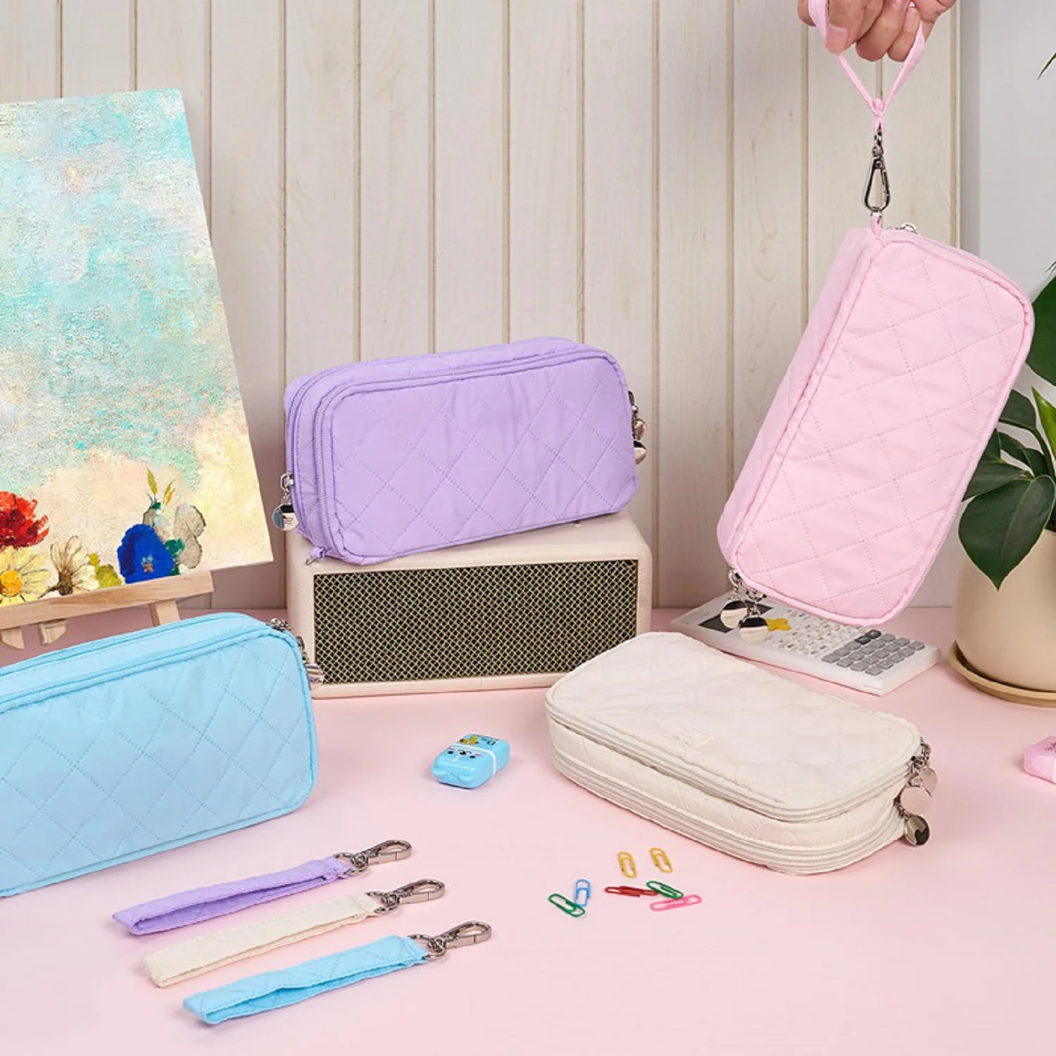 Makeasy Pencil Case Large Capacity Pencil Pouch Soft Quilted Pen Bag Office Stationery Organizer Sturdy Pencil Bag for Women