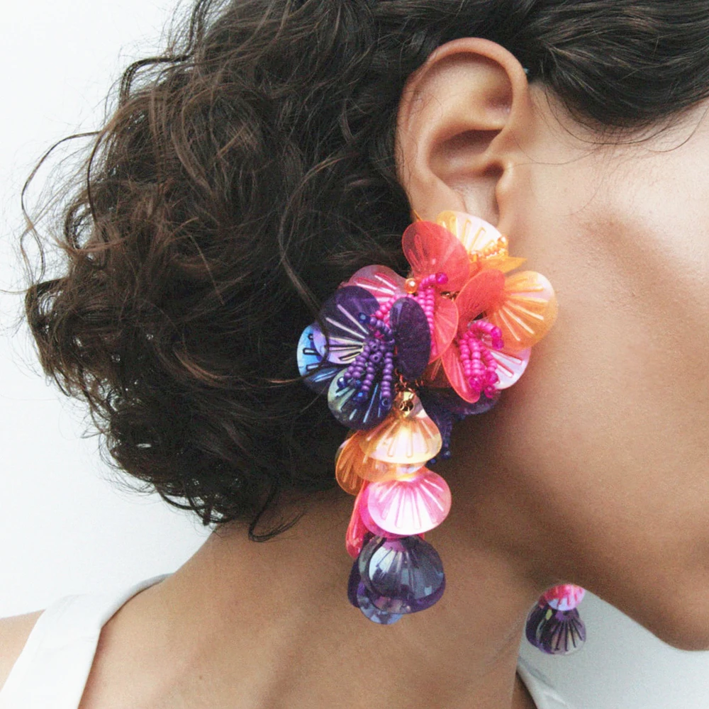 

Colorful Shiny Large Shell Sequin Flower Tassel Earrings for Women Exaggerated ZA Earrings Holiday Travel Jewelry Pendant Gift