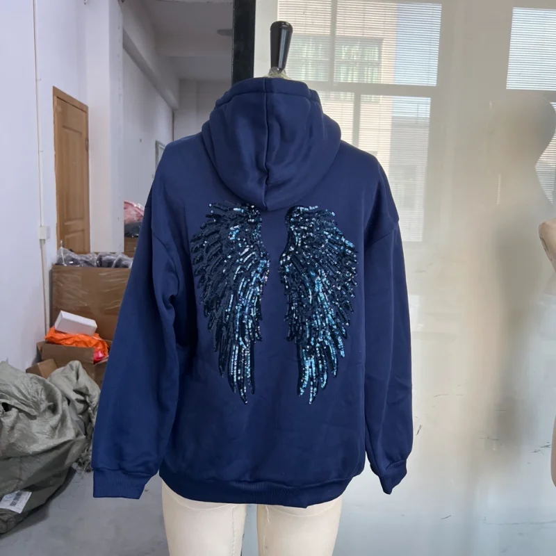 New Casual Lady Sequin Angels Wings Hoodies Women Chic Loose Long Sleeve Pullovers Tops 2025 Gothic Streetwear Women Clothing