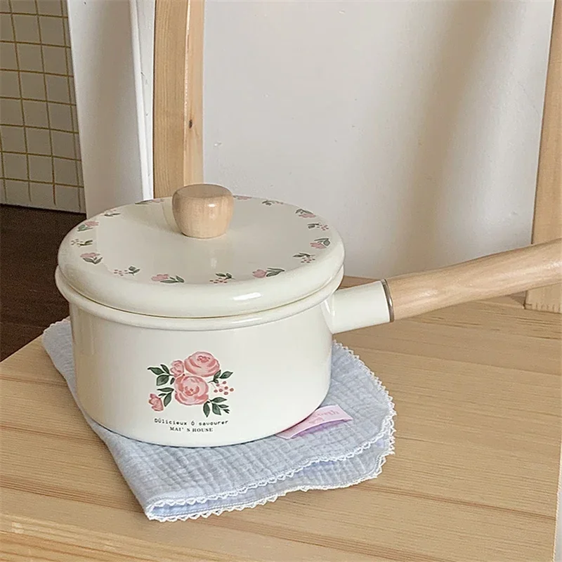Enamel Milk Pan with Lid Vintage Pink Rose Kitchen Pots Baby Offers Food Pot Small Noodle Soup Pot Enamel Cookware Utensils