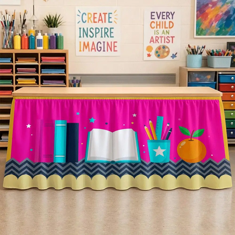 Table skirt, library-themed print, desk barrier, simple and elegant, classroom decoration, teacher office area party tablecloth