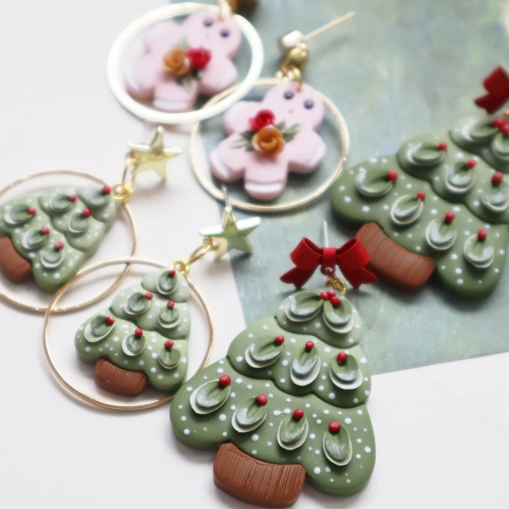 شجرة عيد الميلاد استرخى أقراط للنساء الفتيات عيد الميلاد الزنجبيل رجل قلادة القرط الوردي القلب مربط القرط هدايا مجوهرات #2