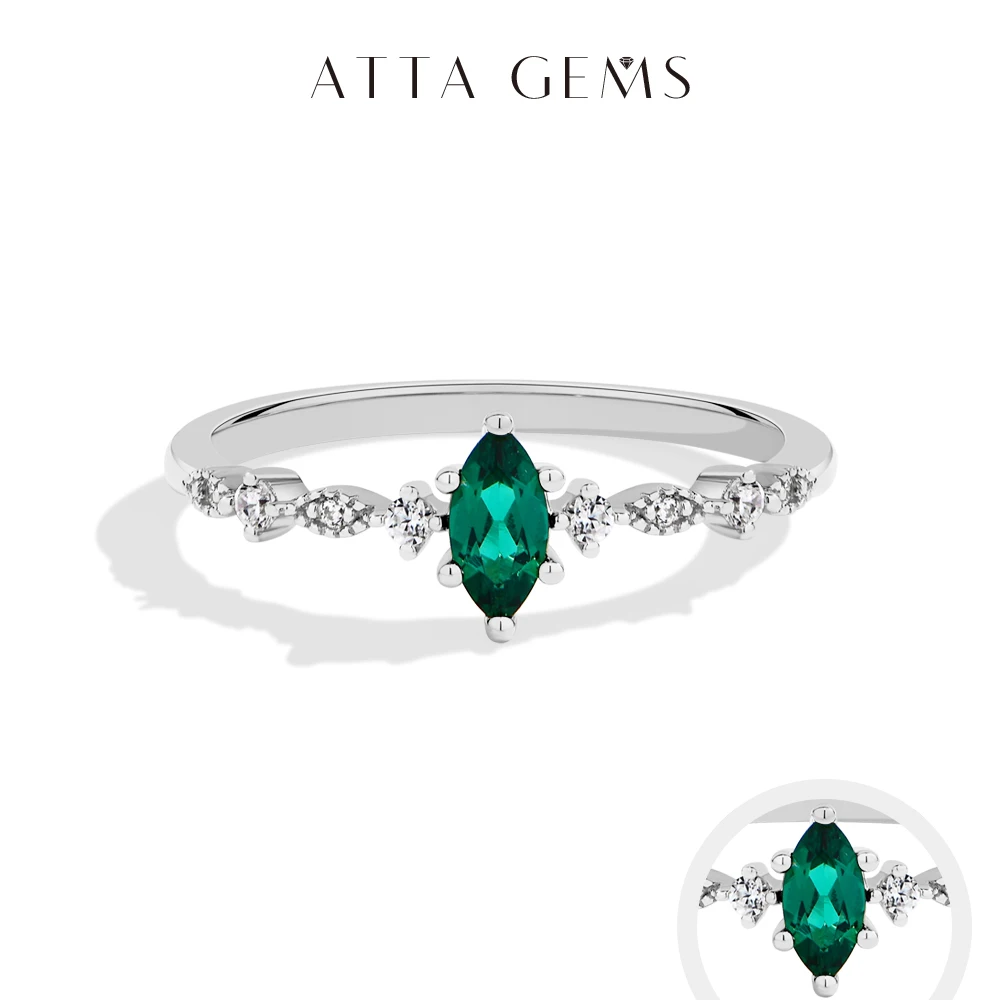 ATTAGEMS S925 Silver Stackable Zircon Ring Inlaid With 3*6mm Marquise Cut Lab Zambian Emerald ForWomen Daily Wear Trendy Jewelry