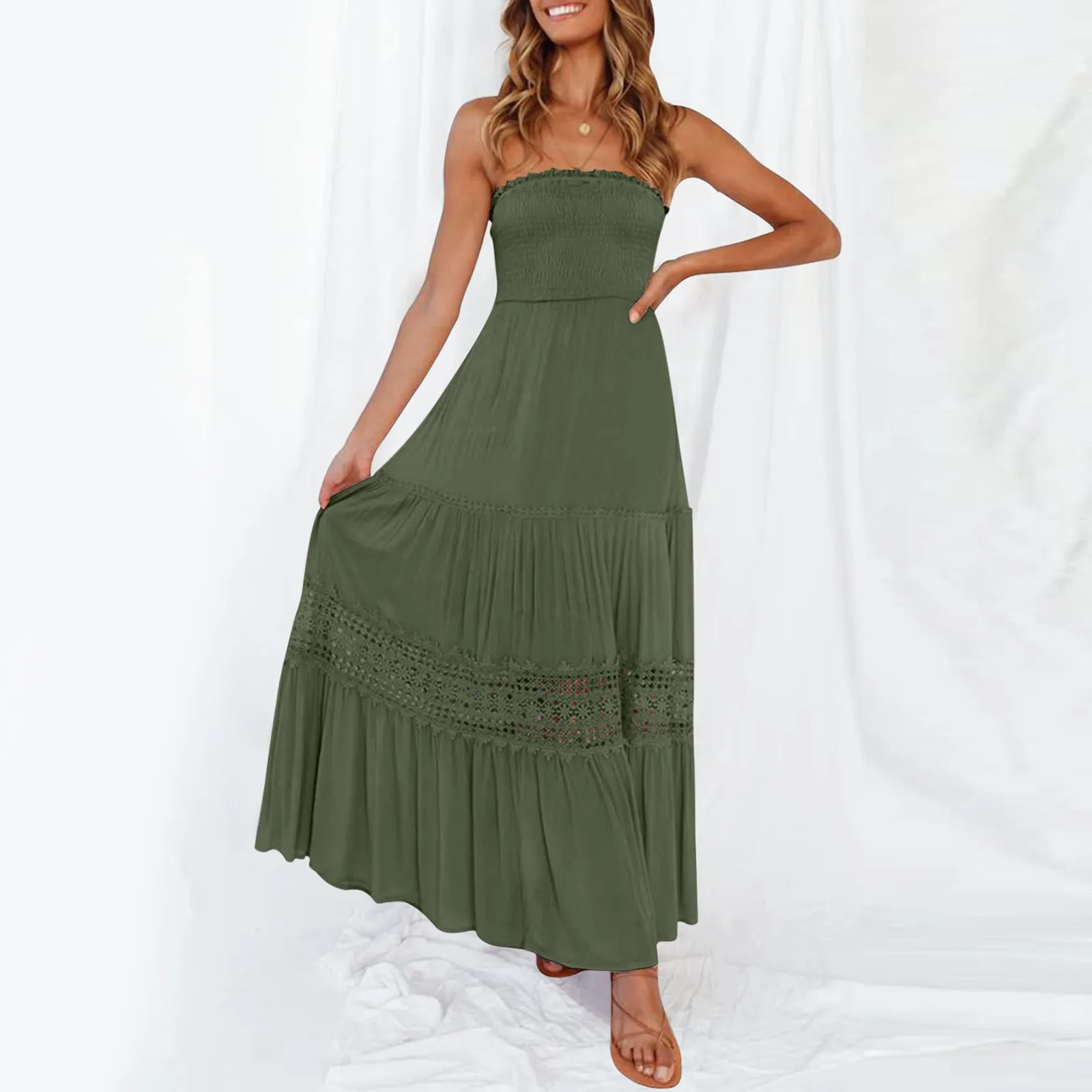 Vestidos largos bohemios sin tirantes para mujer, hombros descubiertos, encaje, Espalda descubierta, línea A, playa, Verano