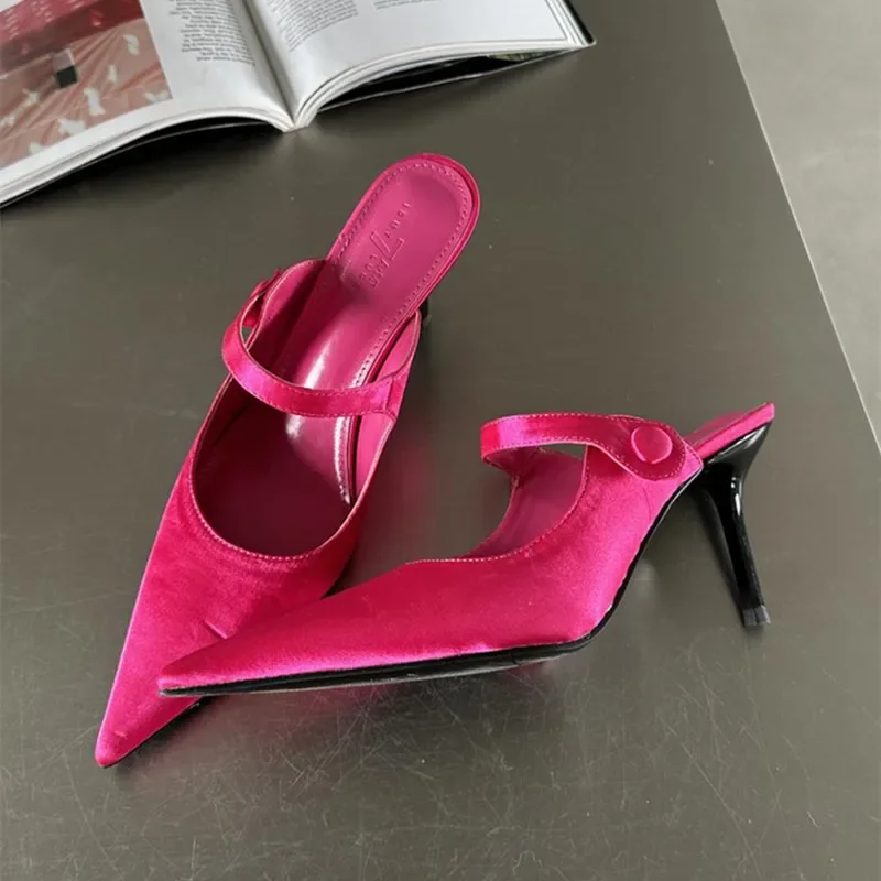 

New Women Pointed Toe Slipper Luxury Designer Satin Button Mules Pumps Sexy Shallow Thin High Heels Ladies Shoes Summer Loafers