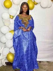 Royal Blue Riche African Ankara Women Traditional Wedding Party Clothing Dashiki Robe Embroidered Brocade Long Dreeses Guipure