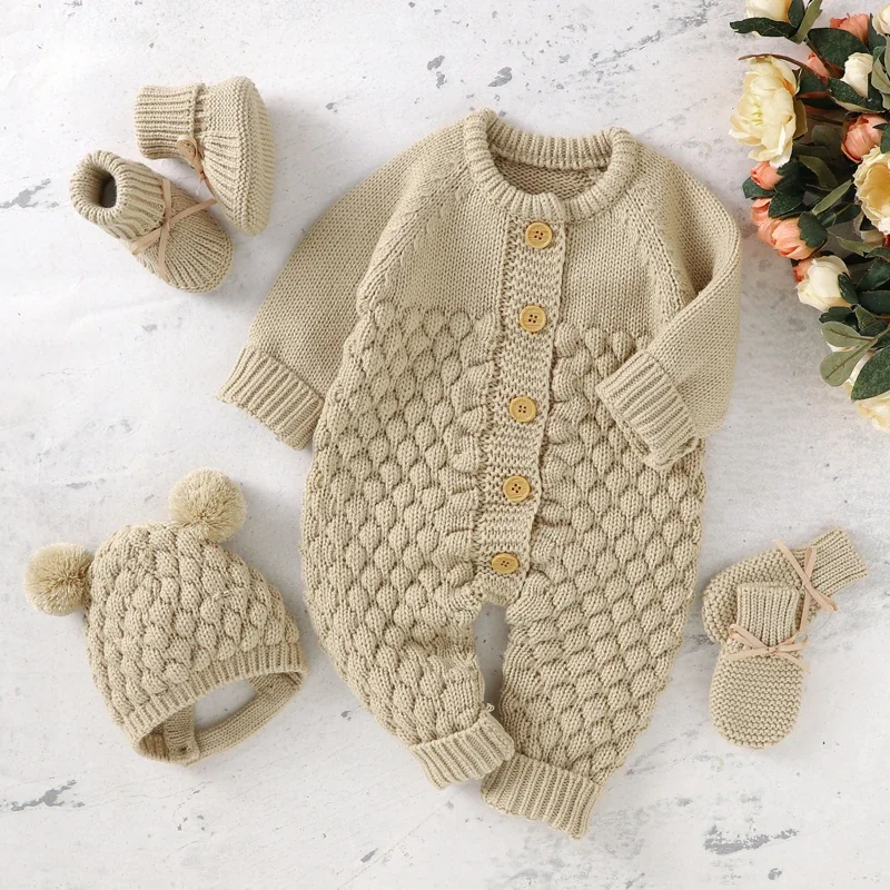 Newborn Baby Clothes Set Knitted Infant Girl Boy Romper +Hat +Gloves +Shoes Fall 4PC Long Sleeve Jumpsuit Outfits +Mitten +Boots