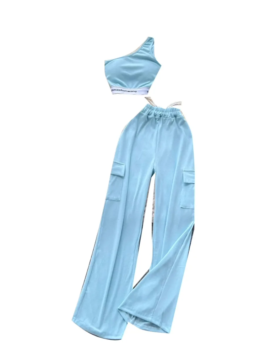 Foamlina Sportswear 2-teiliges Set für Damen, Sommer, asymmetrische Schulter, Neckholder, geraffte Taille, kurze Weste + Hose mit hoher Taille und weitem Bein