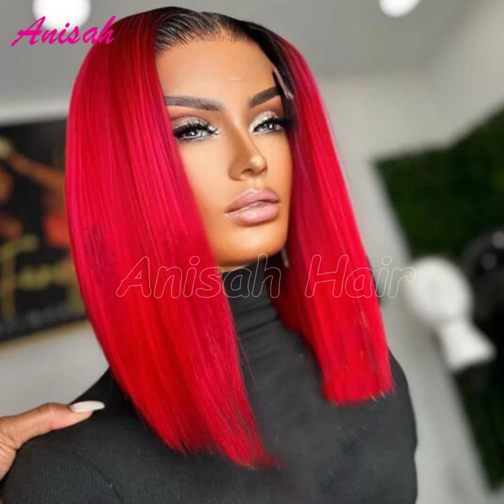 Ombre Rot Kurze Bob Spitze Front Echthaar Perücken Für Frauen Pre Gezupft Glueless Full HD Transparent Spitze Frontal Perücken