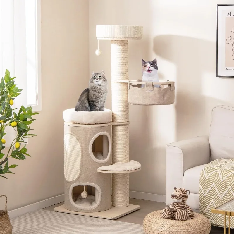 Cat Tree Tower, 61 Inch Multi-Level Tall Cat Tower with 2-Story Cat Condo, Top Perch, Sisal Scratching Posts & Carpet