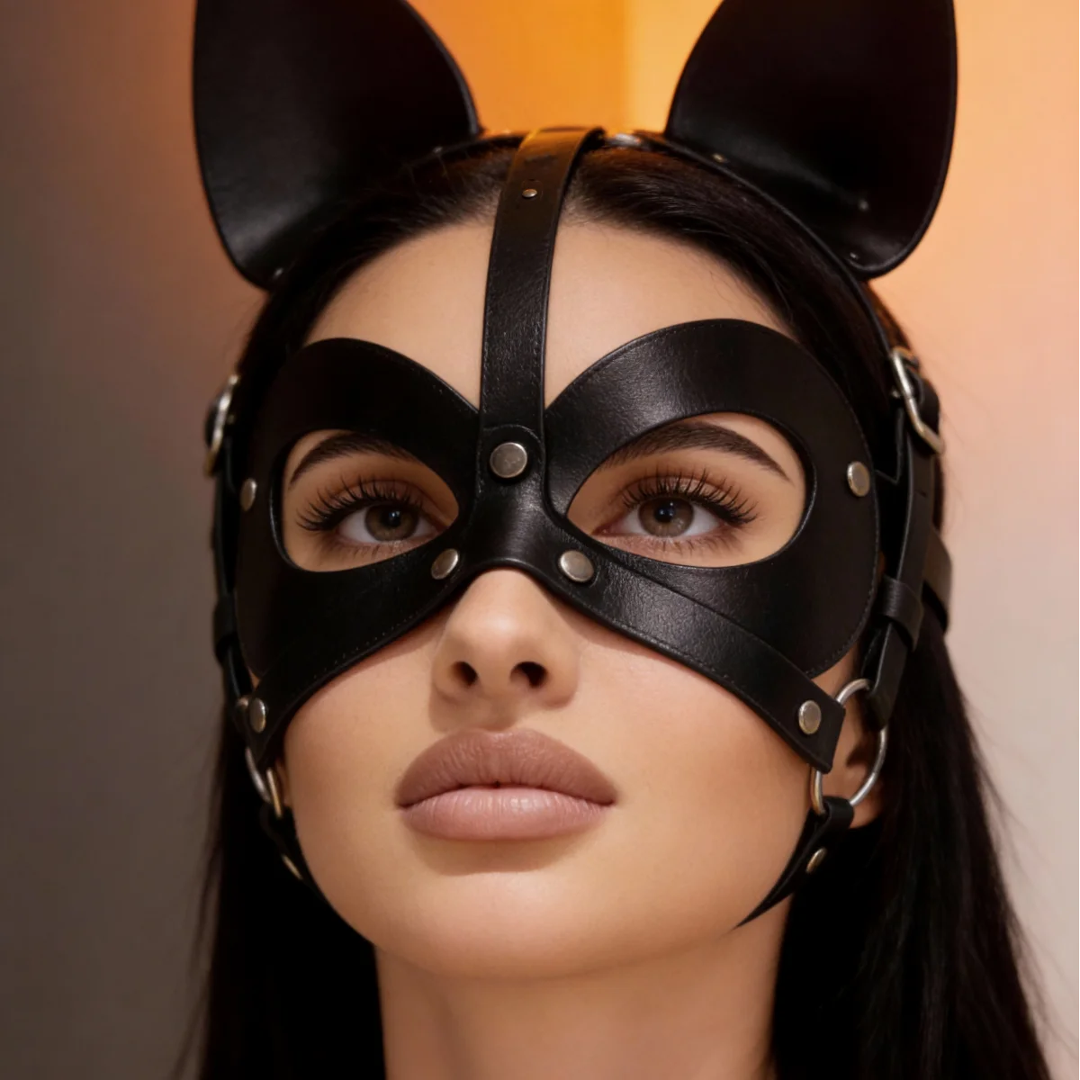 Black Adjustable Punk Gothic Cat Ear Mask, Faux Leather Rivet Decor Face Mask, Edgy Dark Style Costume Accessory for Halloween R