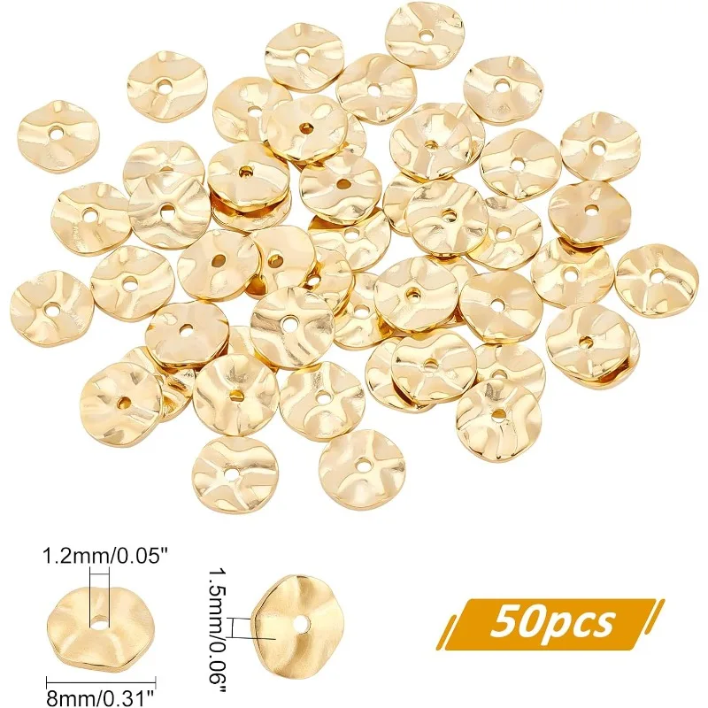 18K Gold Plated Spacer Beads 50pcs Flat Round Loose Beads Brass Wavy Disc Beads for DIY Bracelets Necklaces Earrings Jewelry