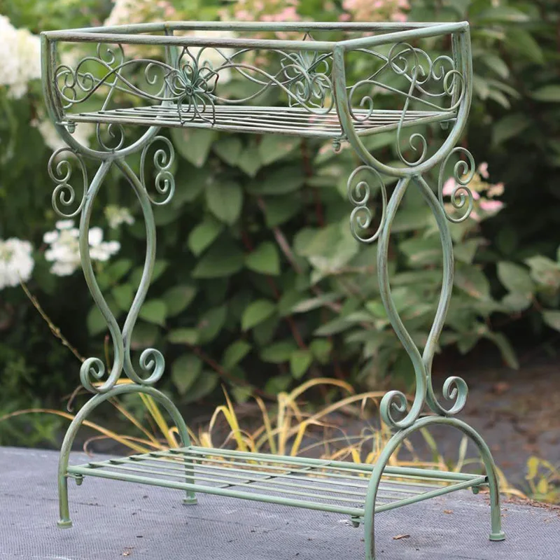 Outdoor Iron Plant Stand Double-Layer Floor Shelf Decoration Stable Load-Bearing Flower Holders Garden Balcony Decorative image 2