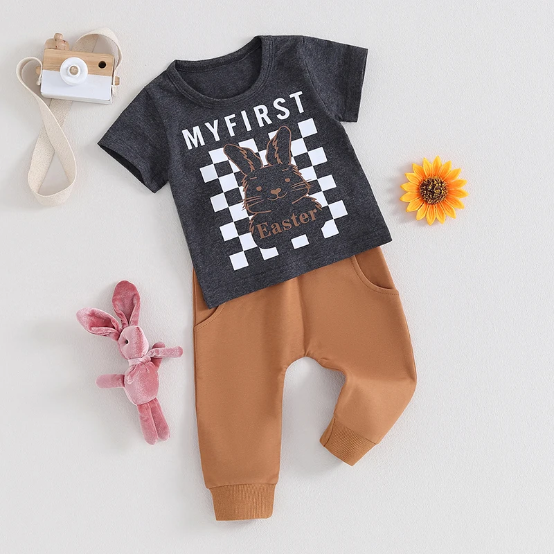 

Baby Boy Easter Outfits Short Sleeve Letter T-shirt Tops and Jogger Pants Toddler Spring Summer Clothes