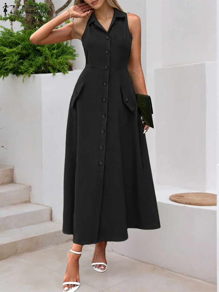ZANZEA Women Sleeveless Dress Fashion Office Lady Sundress Summer Party Long Vestidos 2025 Bohemian Solid Casual Lapel Neck Robe
