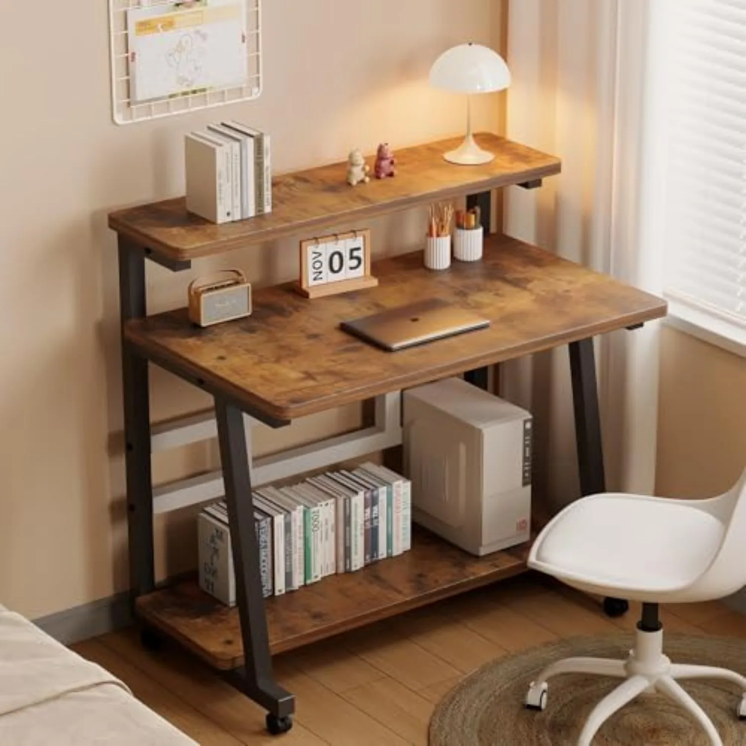 Rolling Computer Desk, 39.4 Inch Small Desks For Small Space, Portable Small Computer Desk with Monitor Stand & 3-Tier