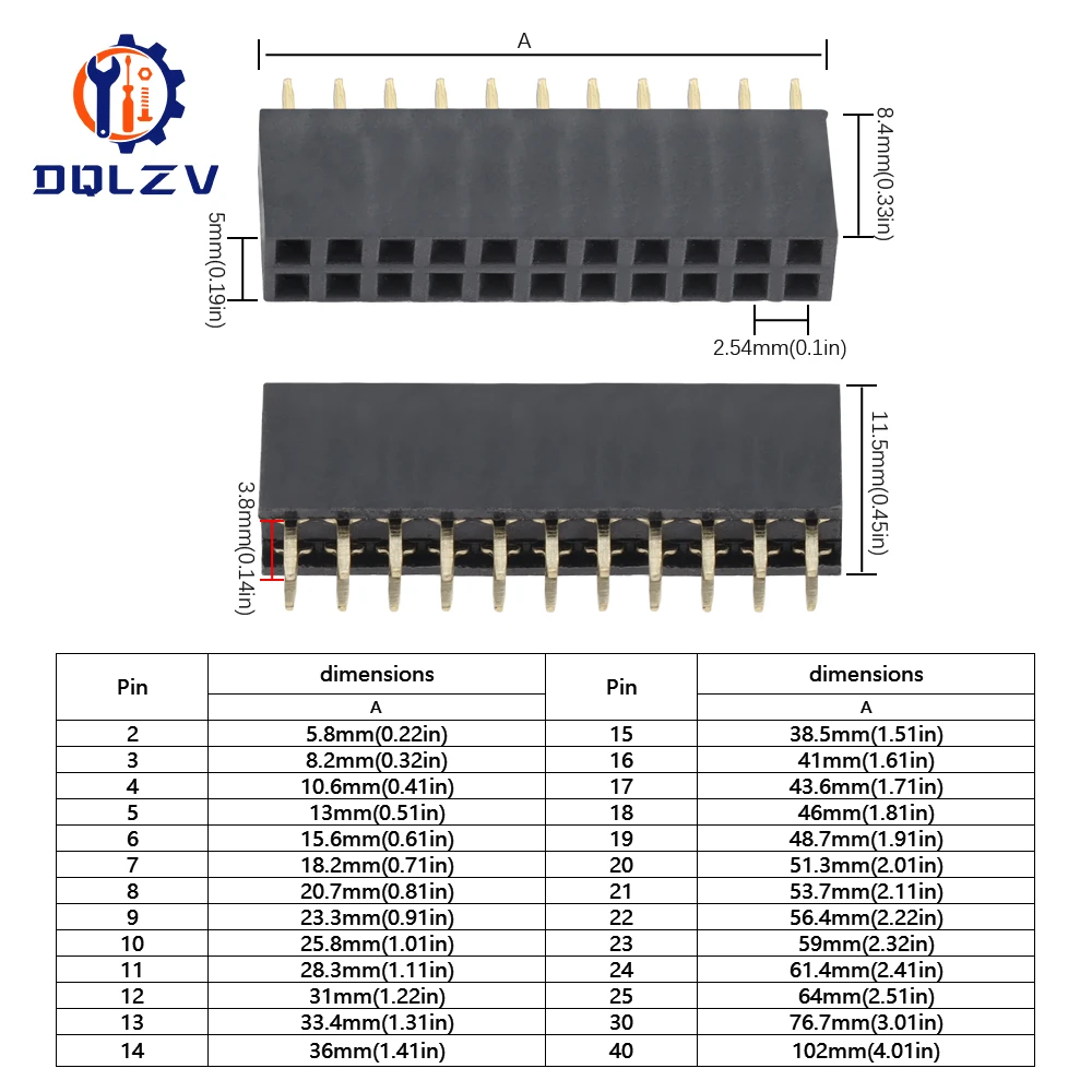 2.54mm Double Row Straight Female 2-40P Pin Header Socket Connector 2x2/3/4/5/6/7/8/9/10/12/14/16/18/20/25/30/40Pin