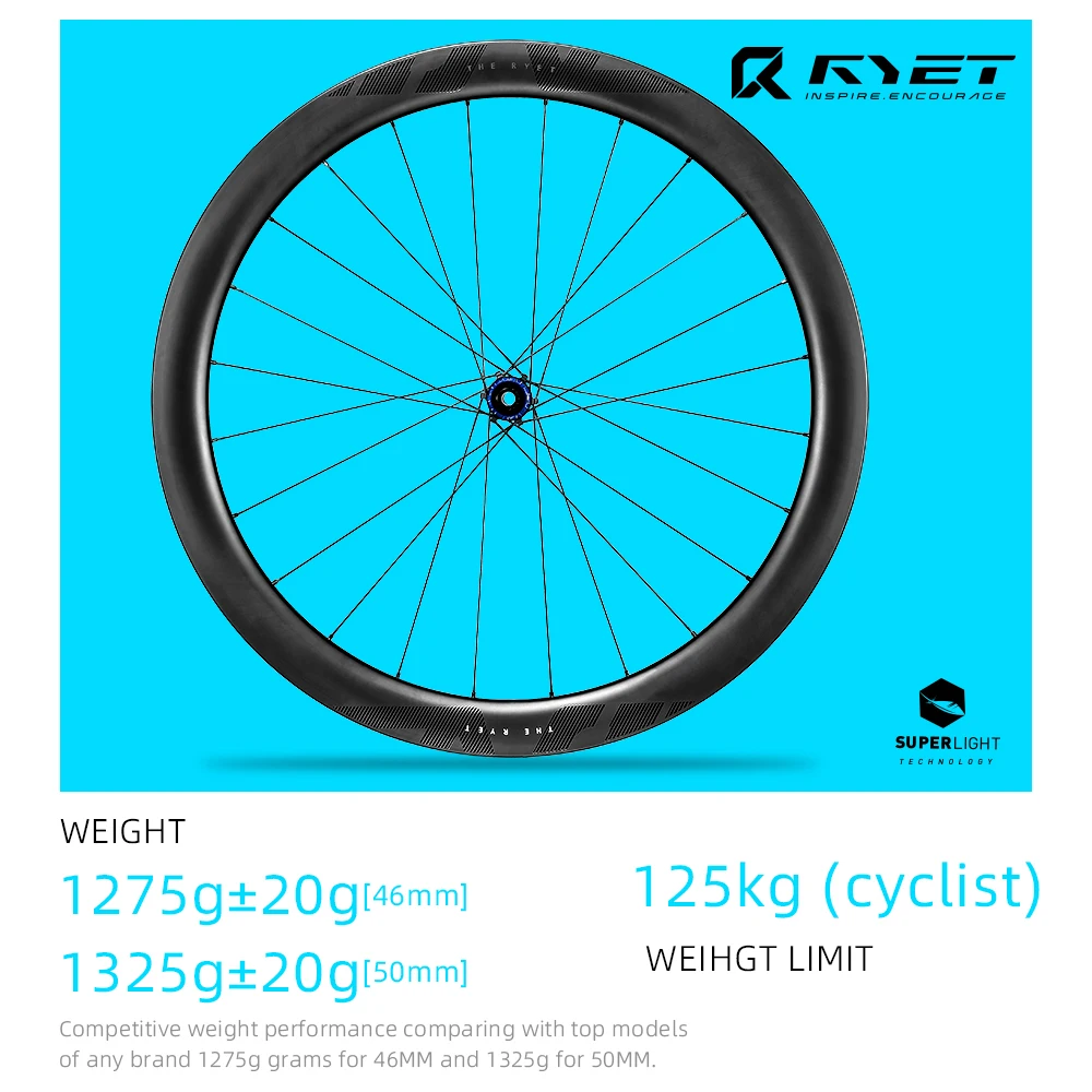 RYET Road Carbon Bike Wheelset 1275g Ultralight Ceramic Tubless Clincher Disc Brake Ratchet 36T Hub Bicycle Wheel Cycling Rims