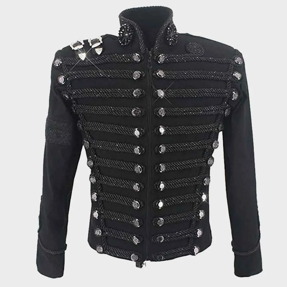 

Custom Made Super Singer Stage Perfermance Black Jacket Mens Military Hussar Jacket With Black Trims Coat
