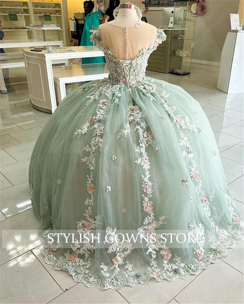 Ánh Sáng Xanh Người Yêu Bóng Đồ Bầu Quinceanera ĐẦM ĐÍNH HẠT Appliques Sinh Nhật Váy Xòe Áo Đầm Vestido De 15 Anos Ngọt Ngào