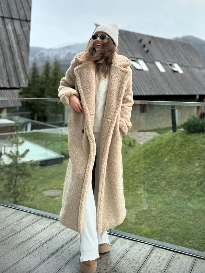 Hh vintage teddy longo casaco feminino outono inverno lapela