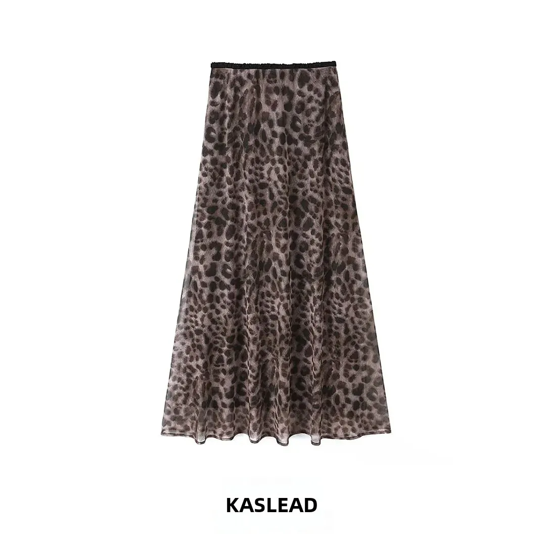 KASLEAD New Women's Fashion Elastic Net Leopard Print Ruffle Long Half Skirt Versatile A-Line Midi Skirt Standard Fit Polyest...
