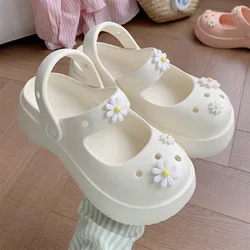 New Korean Women's Slippers Cute Little Flower EVA Thick Sole Mary Jane Hole Shoes for Summer Outwear with a Luxury Sense