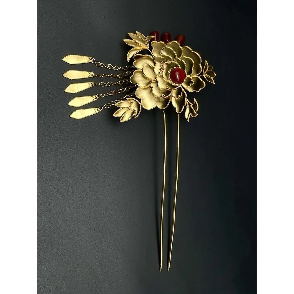 

Copper-plated Vintage Peony Flower Original Hairpin Ming-made Headwear Ancient Style Filigree Inlay Hanfu Hair Accessories