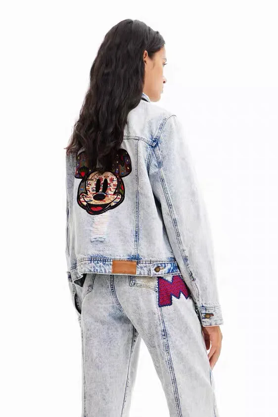 

European, American, Spanish original single sandwashing heavy industry embroidery sticker cartoon printed denim jacket for women