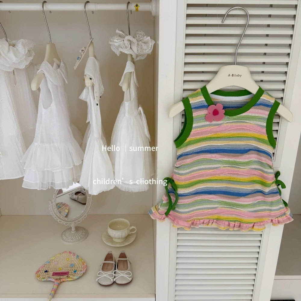 2026 Summer Girls Dopamine Colorful Striped Tank Dress, Fresh Resort Style Sundress for  73-130cm