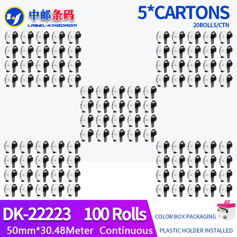 100 Rolls Compatible DK-22223 Label 50mm*30.48M Continuous For Brother Thermal Printer QL-700/800 All Come With Plastic Holder