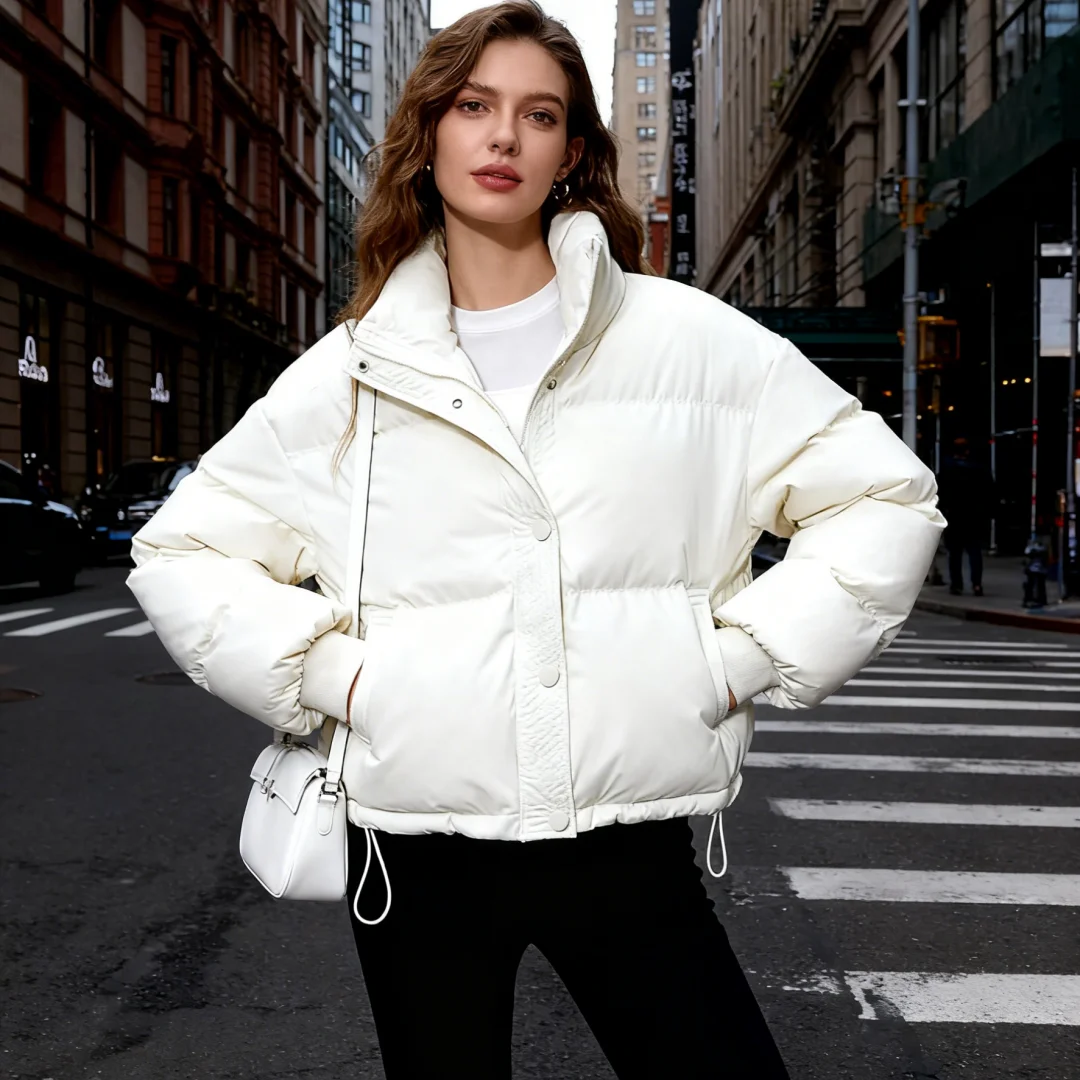 

Parkas Women Short Coat Stand Collar Pockets Zipper Button Warm Jacket Long Sleeve Thick Jackets Solid Autumn Winter 2025