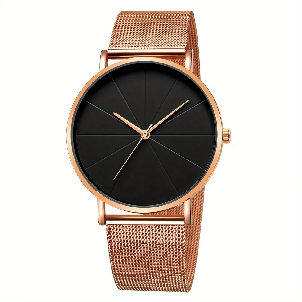 Casual Round Pointer Quartz Watch Large Geo Dial Analog Mesh Strap Wristwatch For Women Men