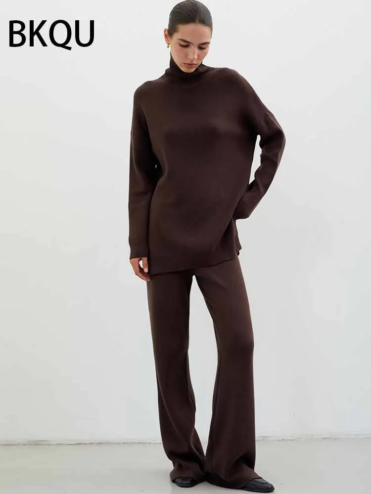 BKQU Solido maglione a collo alto Pantaloni Set da donna in due pezzi lavorato a maglia allentato morbido pullover pantaloni a gamba larga Outfit 2025 Autunno Inverno