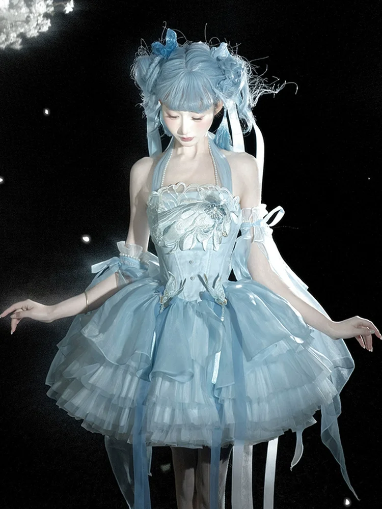 バレエスタイルドレス甘いプリンセスドレス女性中国風の花刺繍ネックチューブトップ魚の骨スリムメッシュドレス