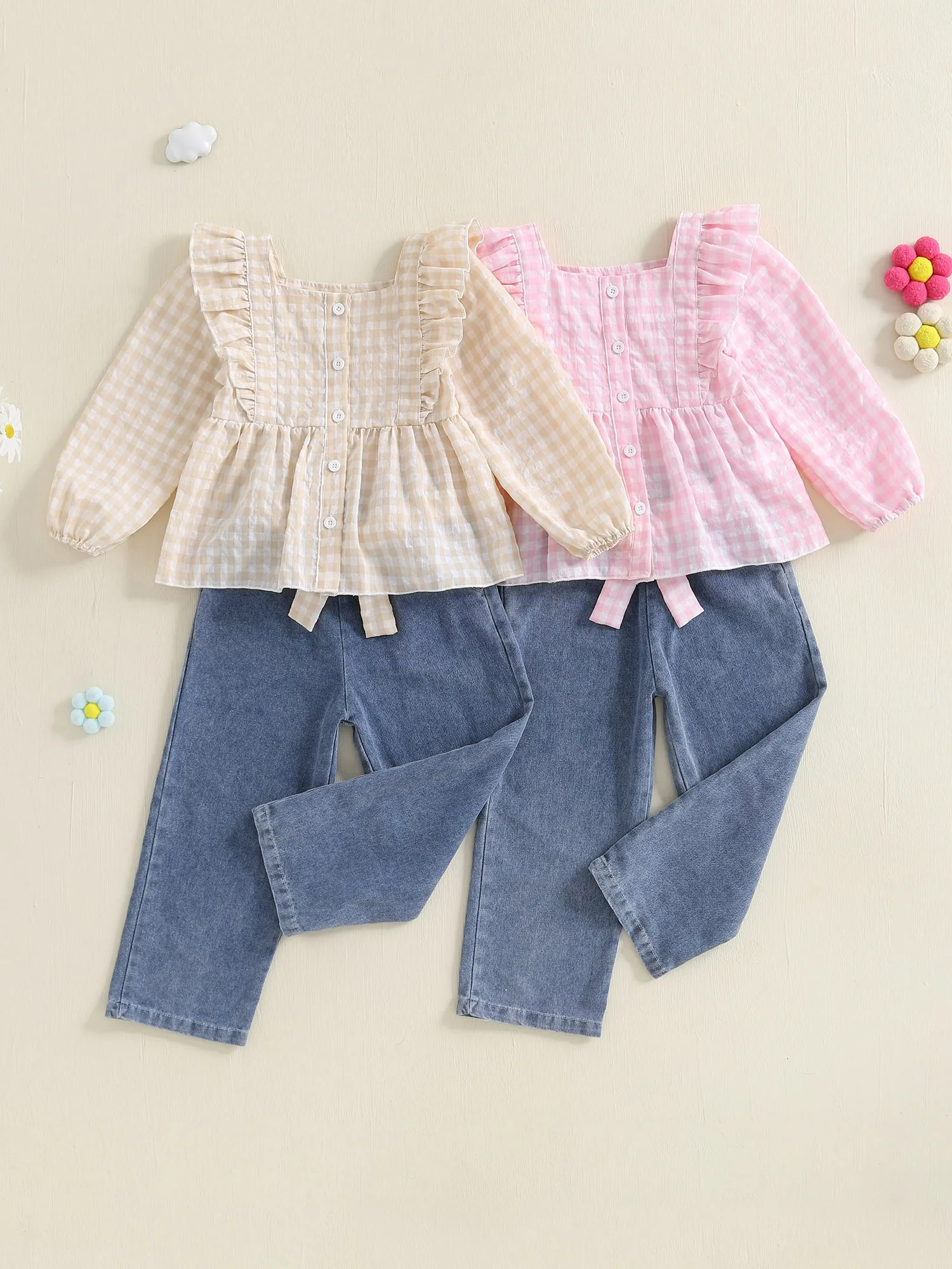 

Очаровательный осенний ансамбль для маленьких девочек, клетчатая рубашка, топ с квадратным вырезом, джинсы и пояс, комплект из трех предметов