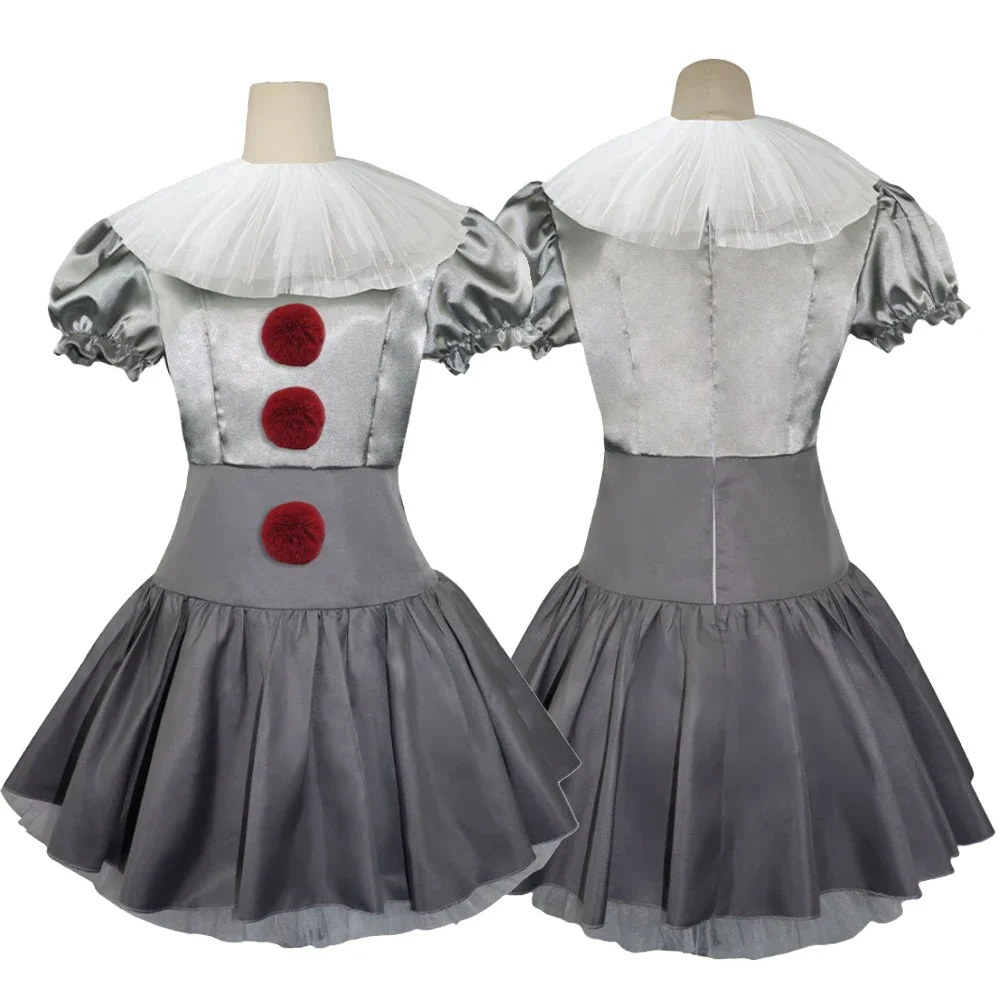 

Movie Clown Cosplay Costume Full Sets Grey Dresses Uniform for Women Kids Halloween Carnival Party Performance Clothes Roleplay