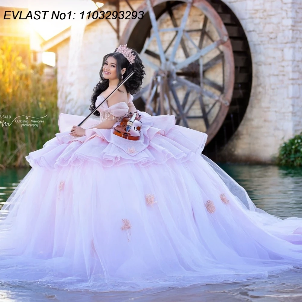 

EVLAST розовое платье принцессы Quinceanera по индивидуальному заказу, бальное платье с аппликацией и бисером, с бантом, многоуровневое милое платье 16, Vestidos De 15 Anos E1QN585
